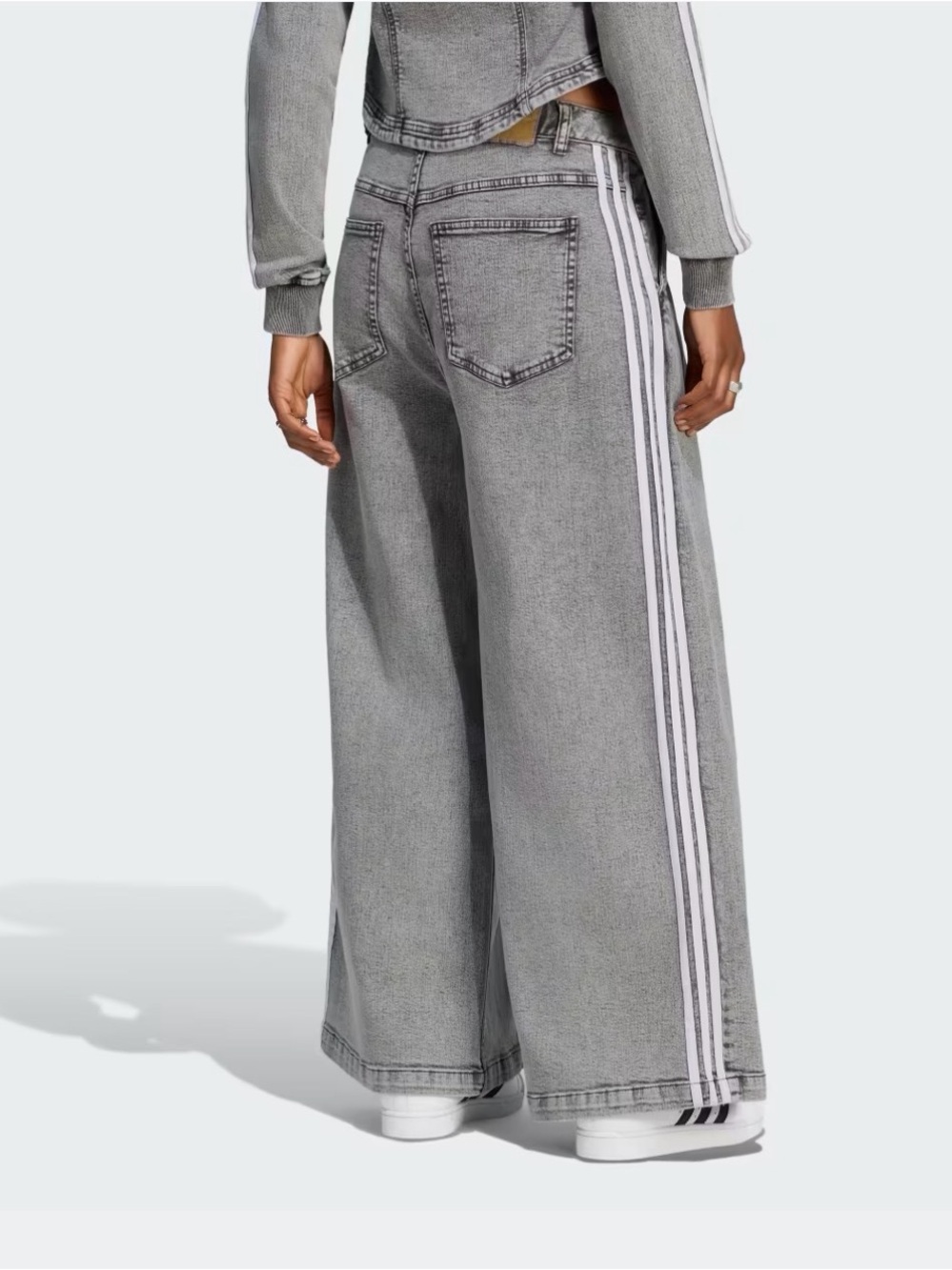 adidas Washed Grey Wide-Leg Flare Jeans with White Side Stripes - Picture 2 of 7